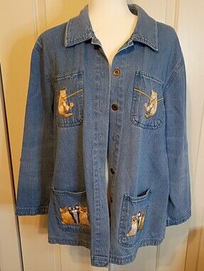 Vintage Passion Denim Embroidered Kittens Cats Shirt Jacket Size Large